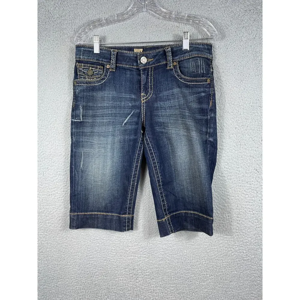 Kut From The Kloth Women Size 6 Denim Bermuda Shorts Dark Blue Fade Distressed